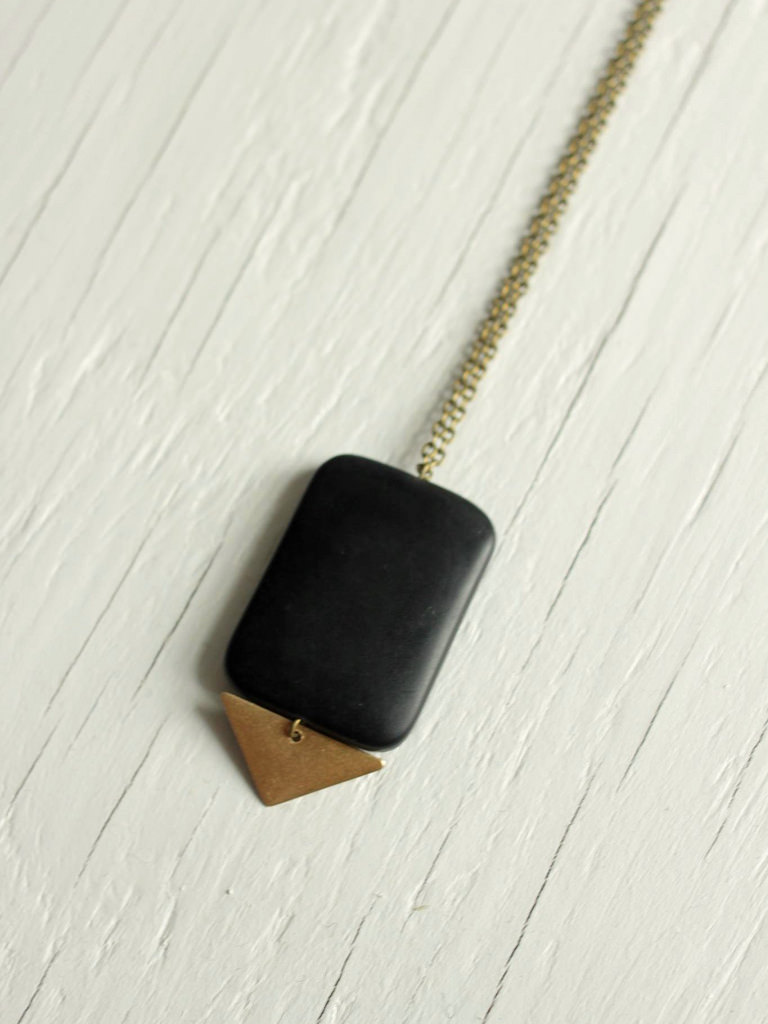 Matte Onyx Stone Necklace with Brass Triangle - A Common Thread