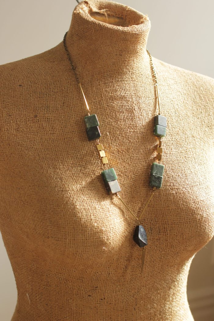 Green marble necklace closes in the back with a lobster claw clasp