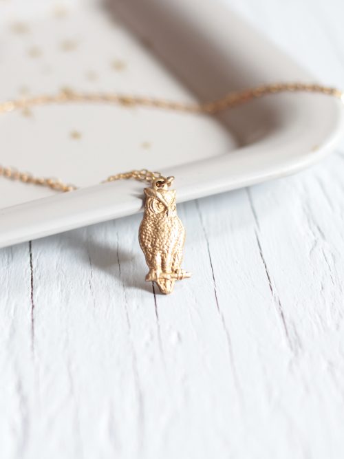 Owl pendant necklace on a gold chain